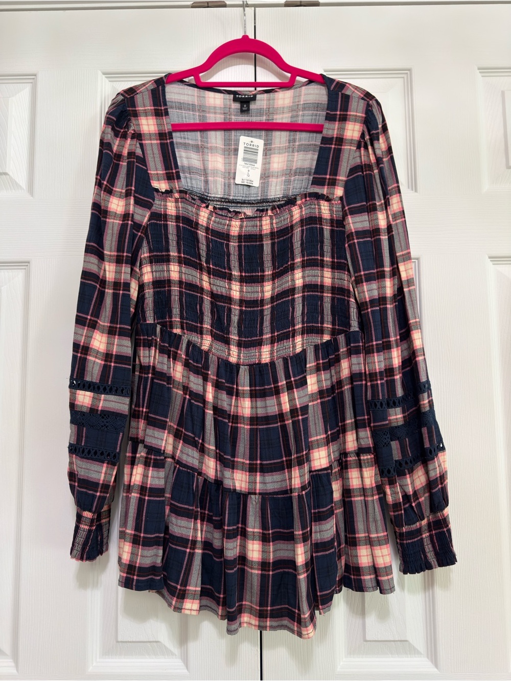 Torrid NWT Size 0X Navy Plaid LS Lenny Smocked Babydoll Top